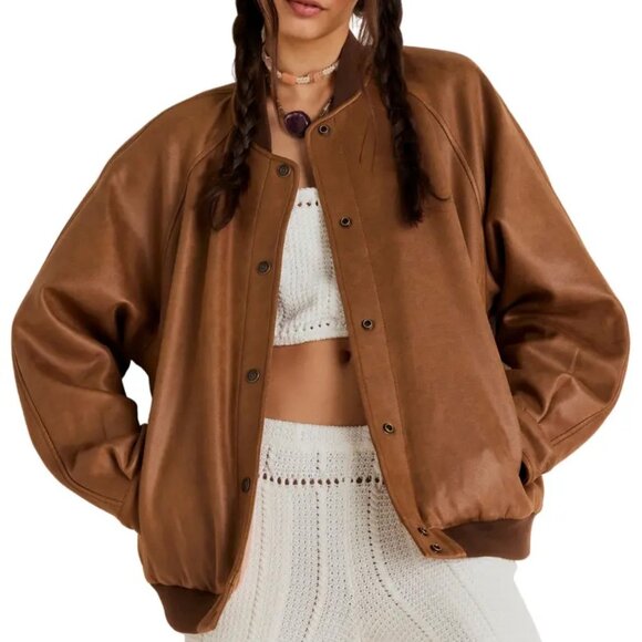 FREE PEOPLE Wild Rose Faux Leather Bomber Jacket in Chestnut - Picture 1 of 6